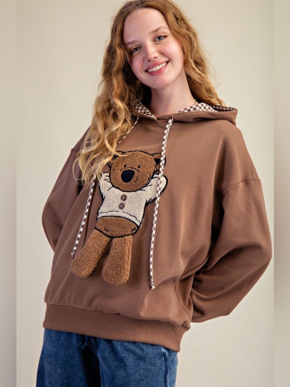 Easel Mocha Mousse Teddy Bear Patch Hooded Pullover